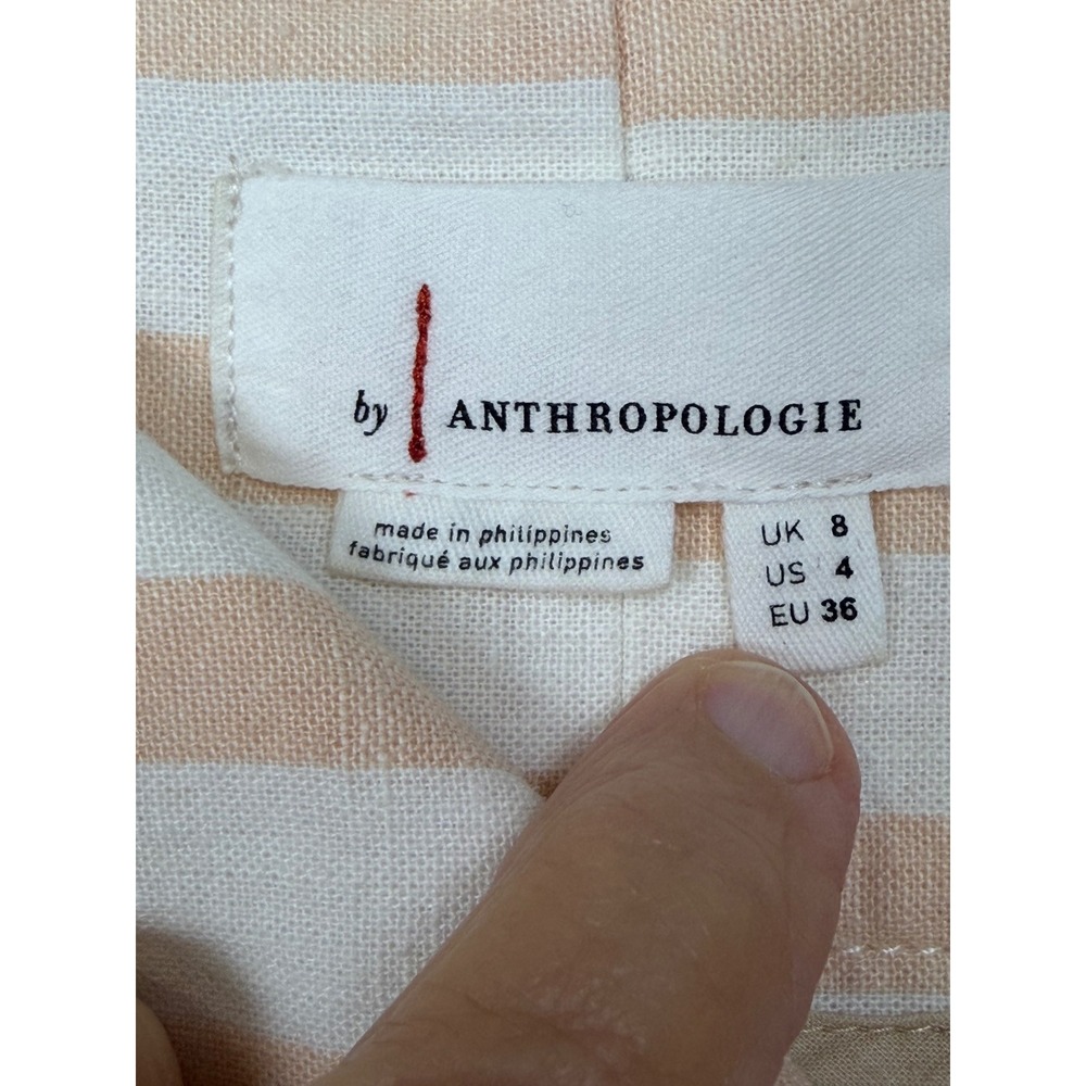 Anthropologie Striped Paperbag‎ Pants Womens 4 Peach White Linen Blend Belted - Picture 3 of 13